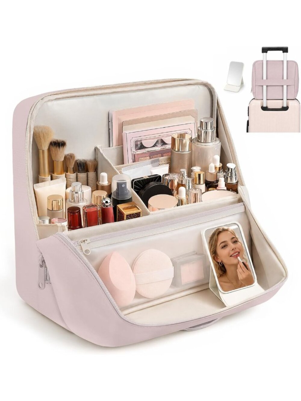 Stylish Travel Makeup Bag - Folding Leather Cosmetic Organizer with Handle